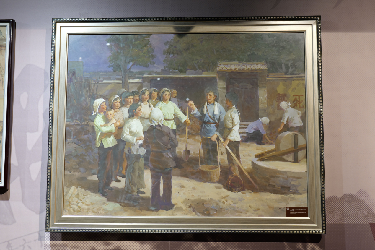 冉莊地道戰(zhàn)紀念館展陳的畫作“婦救會主任李桂芬動員青年婦女參與挖地道”。人民網(wǎng) 鄂智超攝